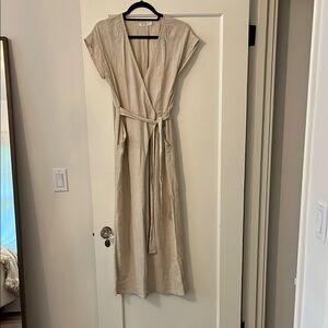 Cotton Linen Beige Cream Wrap Jumpsuit